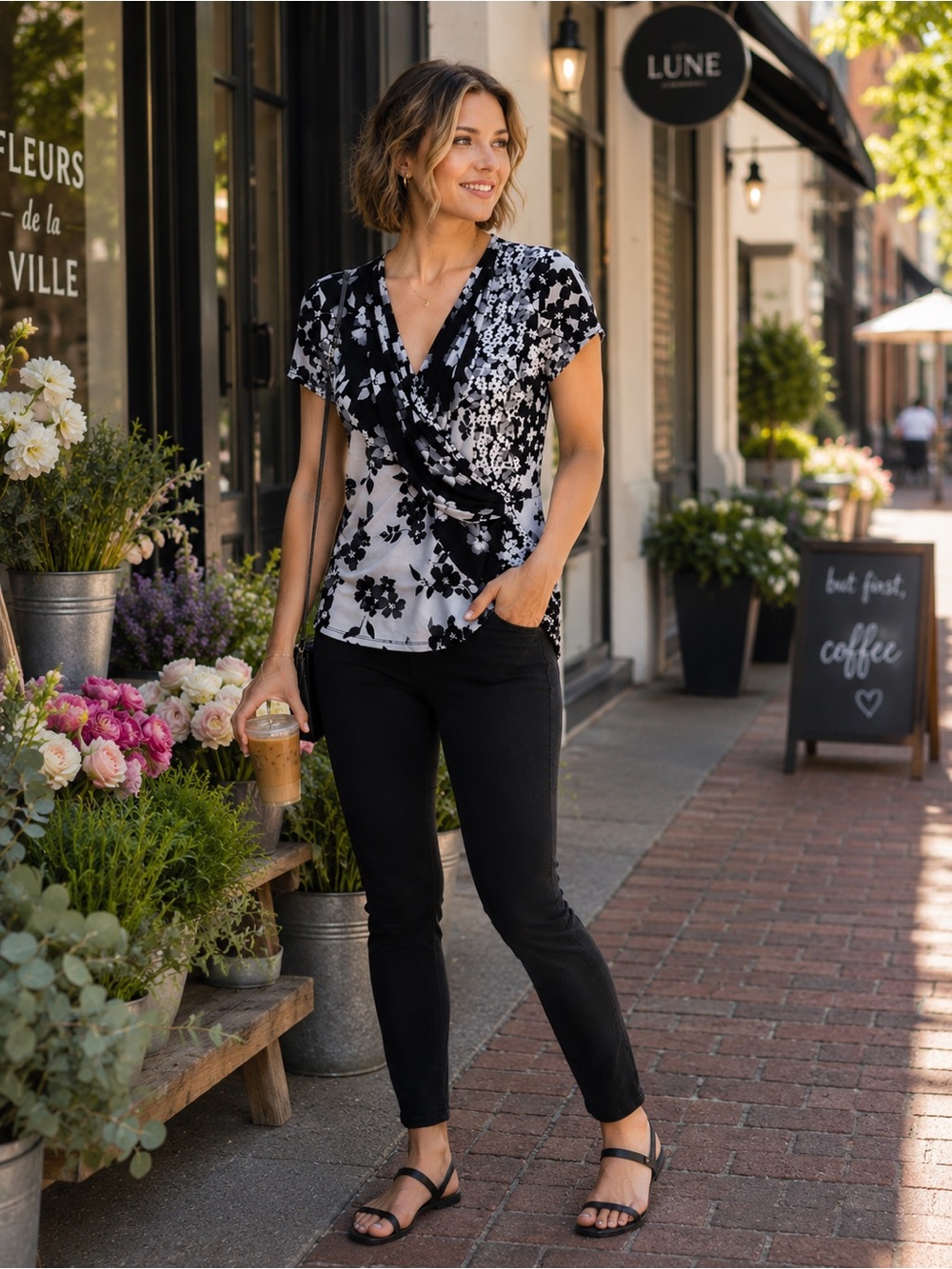 DKNY Black White Gray Floral Faux Wrap V-Neck Top Size S